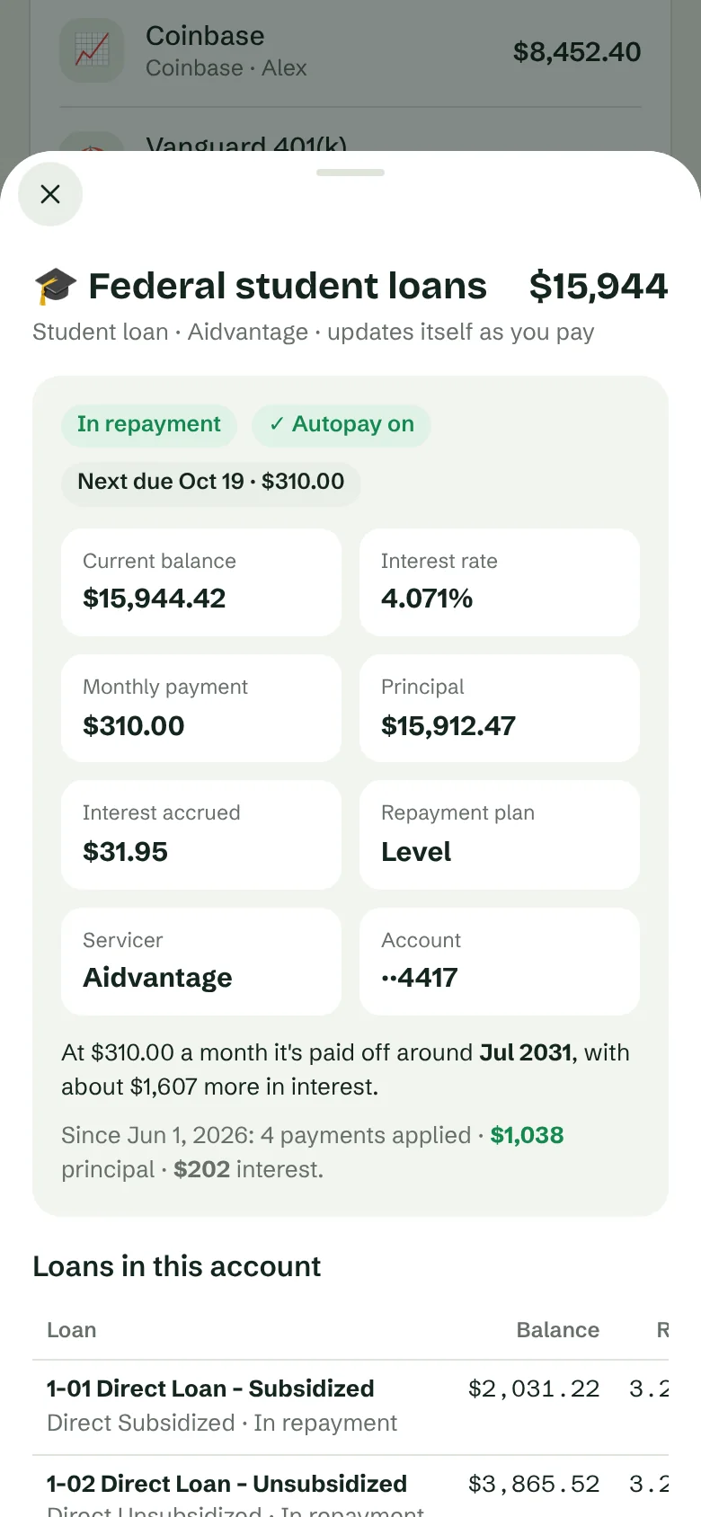 Student loans with each loan and rate